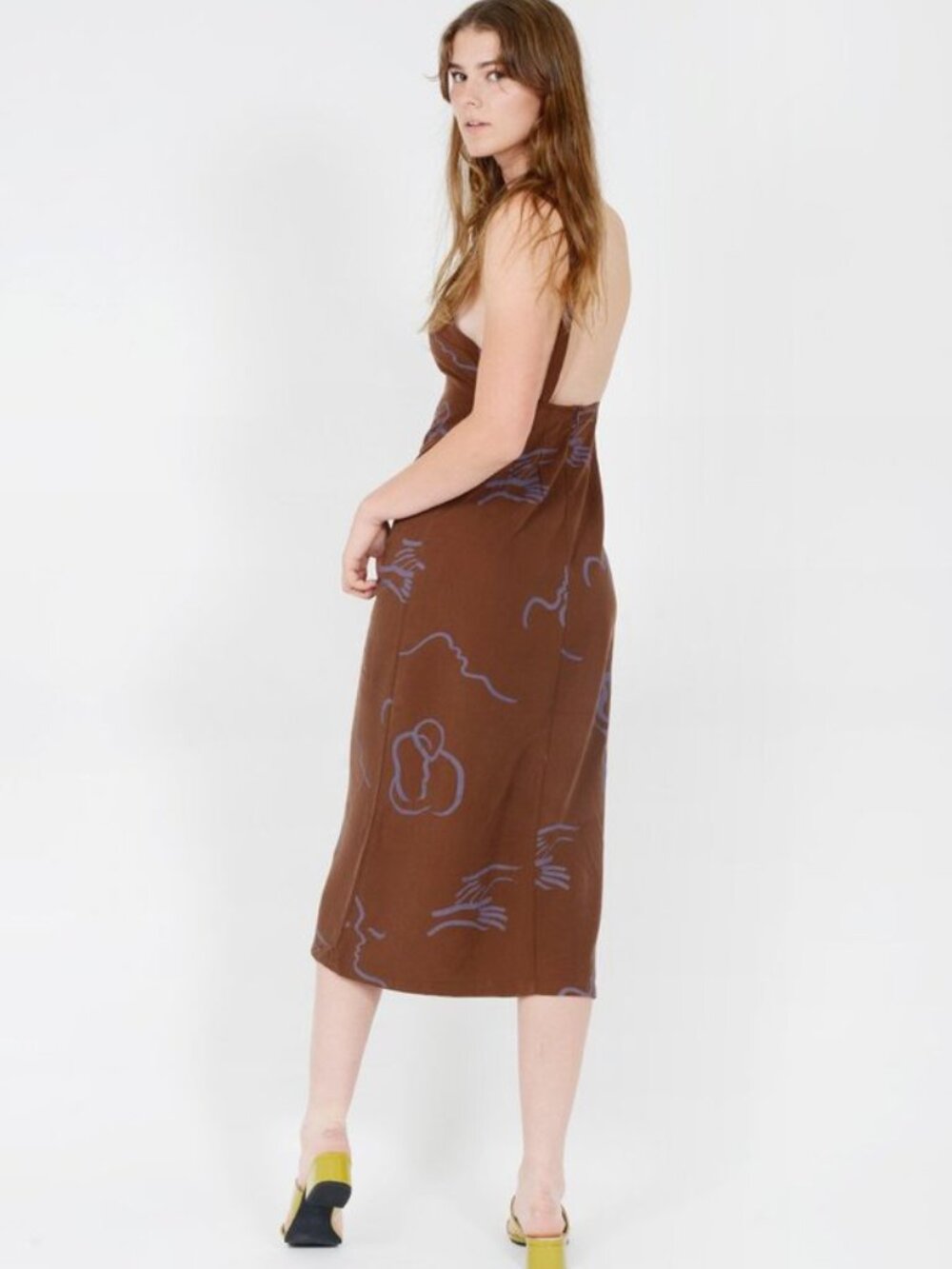 Paloma Wool Brown Midi Dress with Blue Abstract Line Print - Picture 3 of 12